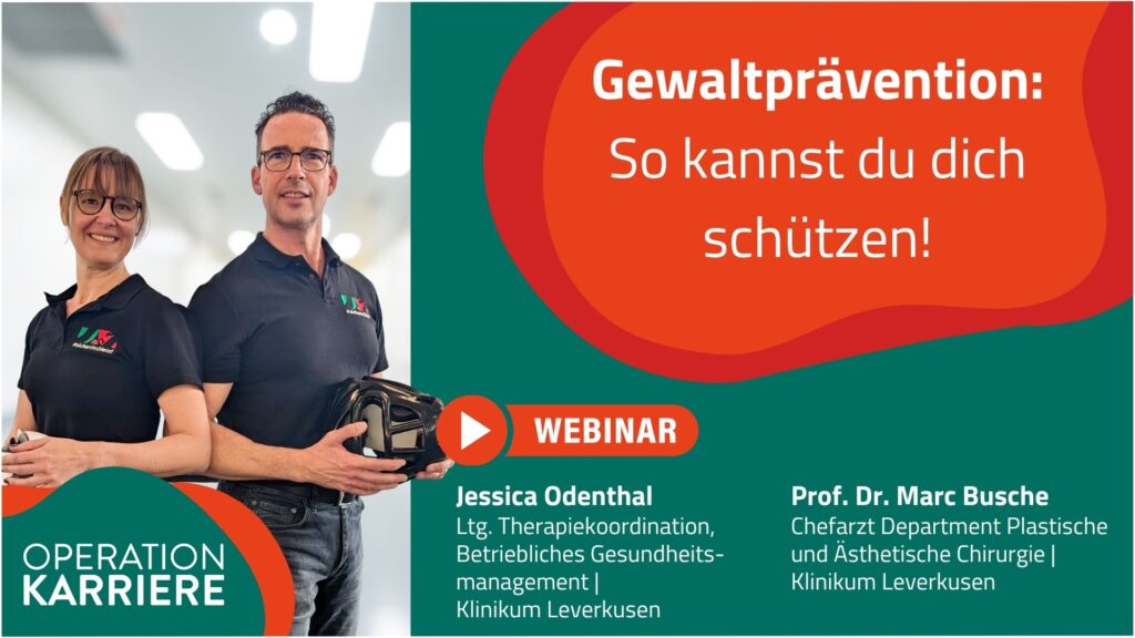 JEssica Odenthal und Prof. Marc Busche vom Klinikum Leverkusen präsentieren das Webinar "Gewaltprävention: So kannst du dich schützen" von Operation Karriere